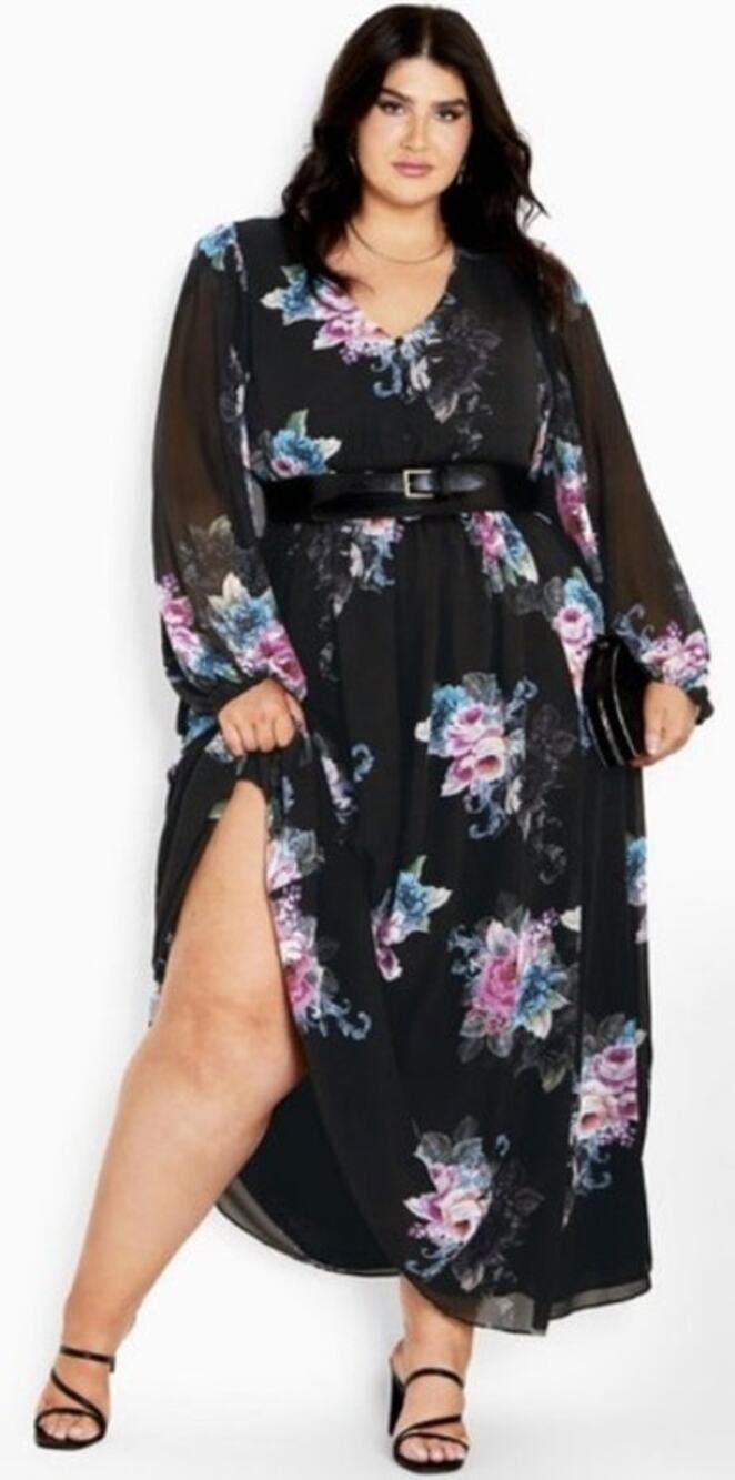 NWT City Chic Women's Plus Size Black Purple Rose Ottilie Maxi Dress XX Large 2X
